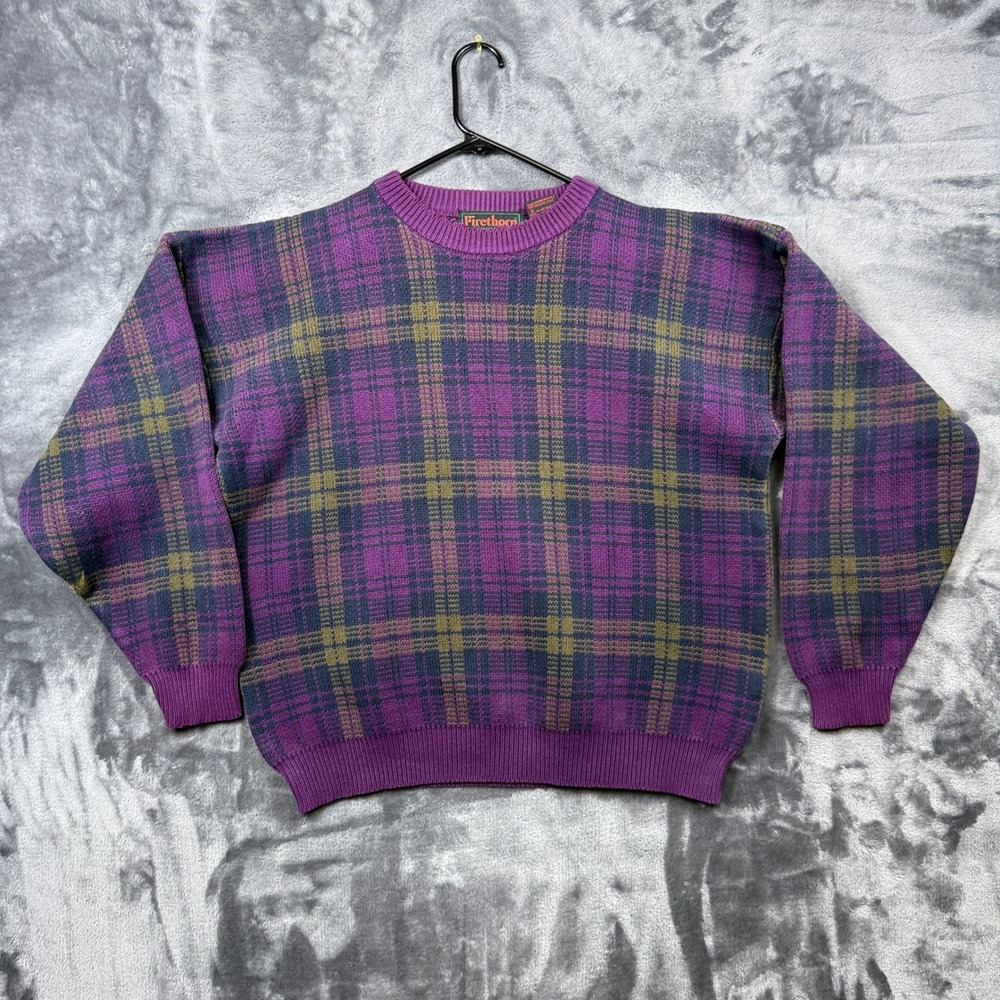 Firethorn Plaid Sweater Mens M Purple Long Sleeve Cotton Knit Crewneck Vintage